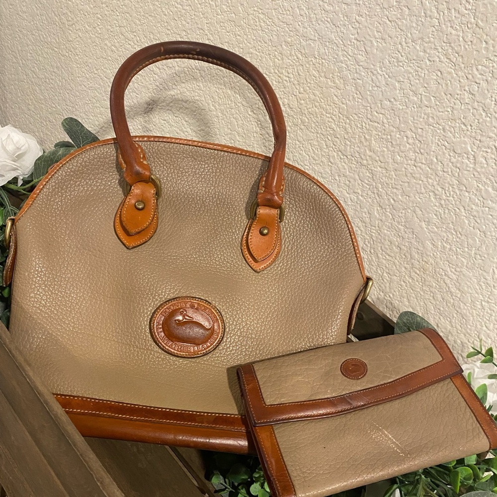 Classic Tan and Brown Leather Handbag and Wallet Set